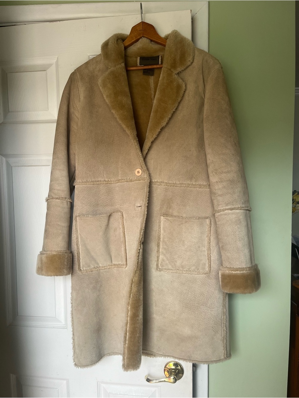 Brandon Thomas XS Genuine Suede Leather Faux Shearling Lined Coat in Tan/Beige